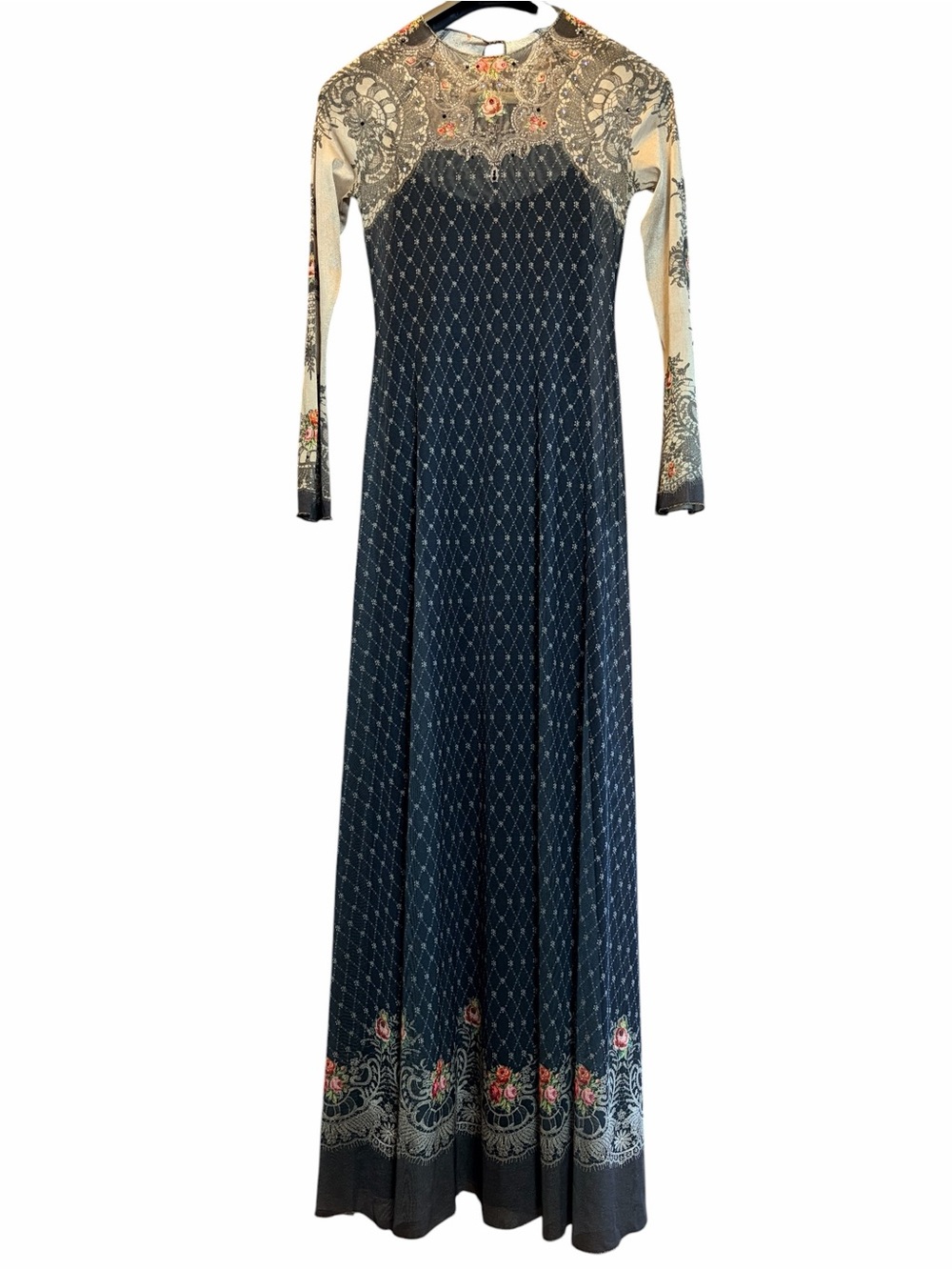 Michal Negrin Swarovski Crystal black gown maxi dress romantic roses lace tall